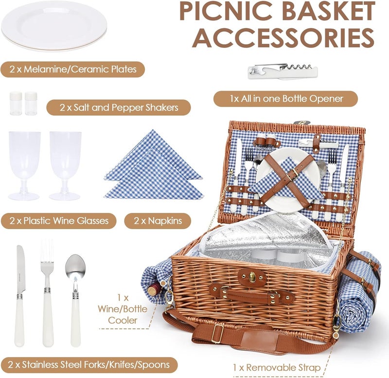 WILLOW WEAVE Picnic Baskets for 2, Picnic Basket with Waterproof Blanket, Picnic Basket Set with Washable Beach Mat & Large Insulated Cooler Compartment, Handmade Natural Wicker Hamper for Camping, Outdoor Party - Image 2